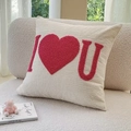 Square cream cushion cover with embroidered red heart and letters on a cozy sofa - I LOVE U Letter Style (CDR48-2) / 45x45cm Single Sided Embroidered Without Core