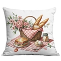 Rosa Kissenbezug im Landhausstil mit Picknick-Aquarellmotiv auf weißem Hintergrund - 45x45 cm / Picknickkorb Gingham Muster (CDR41-3) / Einseitiger Druck Ohne Kern