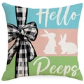 Easter pillow cover with three-color stripes, white bunnies, and a plaid bow decoration - Color Block Twin Rabbit Print (DYM15(18)-2)