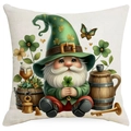 Funda de cojín para el Día de San Patricio con diseño de gnomo y trébol de la suerte verde - 45*45cm Lino Una Cara Sin Relleno / Gnomo Solo con Trébol de Cuatro Hojas (DYM18-1)