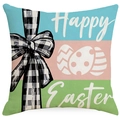 Square Happy Easter pillow cover with gingham bow and pastel color blocks on white background - Color Block Bow Print (DYM15(18)-3)