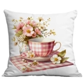 Rosa Bauernhaus-Kissenbezug mit Vintage-Kaffeetasse und Kirschblüten-Illustration - 45x45 cm / Tasse Untertasse Gingham Muster (CDR41-2) / Einseitiger Druck Ohne Kern