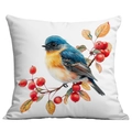 Square throw pillow case featuring colorful bird and autumn berry artistic print - Colorful Bird and Red Berries (CDR22-16) / 45x45cm