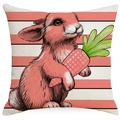 Pink striped Easter throw pillow cover with a cute bunny holding a carrot illustration - Reddish Brown Rabbit With Carrot (DYM15(6)-1)