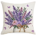 Funda de cojín de lino con estampado de ramo de lavanda y rosas con detalle de lazo dorado - 45x45cm Una cara sin relleno / Lavanda en Jarrón (DYM15(17)-1)