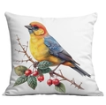 Square white pillowcase with vibrant bird and red berries illustration for home decor - Orange-headed Blue Bird and Berries (CDR22-17) / 45x45cm
