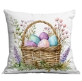 Housse de coussin Pâques lavande avec motif panier d'œufs sur tissu carré blanc - Panier d'Œufs de Pâques (CDR24-1)