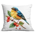 Square white pillowcase with a vibrant bird and red berries illustration for sofa decor - Blue and Yellow Bird and Red Berries (CDR22-18) / 45x45cm