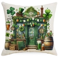 Funda de cojín de San Patricio con ilustración de pub irlandés y tréboles verdes - 45*45cm Lino Una Cara Sin Relleno / Patrón Ilustración Pub Irlandés (DYM18-4)