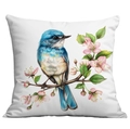 Floral bird print throw pillow cover with blue bird and pink cherry blossom pattern - Blue Feathered Bird and Cherry Blossoms (CDR22-19) / 45x45cm