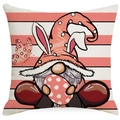 Pink striped Easter cushion cover featuring a gnome with bunny ears and a polka dot egg - Gnome Holding Easter Egg Striped Background (DYM15(6)-4)