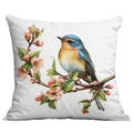 Square white pillowcase featuring a colorful bluebird and pink cherry blossoms design - Bluebird and Peach Blossoms (CDR22-20) / 45x45cm