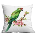 Square spring pillow cover with realistic parrot and floral print on white fabric - Realistic Parrot and Flowering Branches (CDR22-22) / 45x45cm