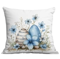 Quadratischer Oster-Kissenbezug mit blauen Aquarellblumen und gemusterten Eiern auf Weiß - Blaue Blumen Und Gestreifte Eier (CDR25-4)