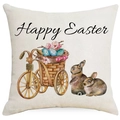 Easter throw pillow case with watercolor bunnies and truck on beige linen fabric - Bunny And Tricycle (DYM15(10)-1) / 45x45cm