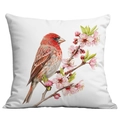 Square cushion cover with vivid house finch and pink cherry blossoms on white fabric - Red House Finch and Pink Peach Blossoms (CDR22-27) / 45x45cm