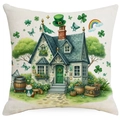 St. Patrick's Day cushion cover with watercolor cat, cottage and shamrock motifs - 45*45cm Linen Single-Sided No Insert / Fairytale House with Clover Pattern (DYM18-8)