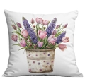 Federa bianca con stampa acquerello di tulipani rosa e lavanda viola per arredamento - Tulipani e Secchiello in Ferro (CDR24-7)
