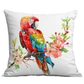 Square white pillowcase featuring a colorful watercolor parrot with pink spring flowers - Watercolor Parrot and Flowers (CDR22-28) / 45x45cm