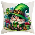Square St. Patrick's Day pillowcase with green gnome and clover print on beige linen - 45*45cm Linen Single-Sided No Insert / Gnome with Gift Box Pattern (DYM18-9)