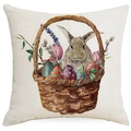Easter pillow cover with watercolor bunny and floral basket on linen texture fabric - Bunny In Basket (DYM15(10)-3) / 45x45cm