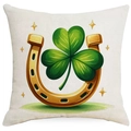 Linen St. Patrick's Day cushion cover with golden horseshoe and green clover print - 45*45cm Linen Single-Sided No Insert / Lucky Horseshoe and Clover Pattern (DYM18-14)