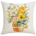 Funda de cojín de lino beige con flores silvestres, girasol y mariposa decorativa - 45x45cm Lino (Sin Núcleo) / Estilo Maceta de Barro Floral (DYM08-4)