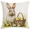 Oster-Kissenhülle mit Aquarell-Hase und Eiern im Korb auf Leinentextur-Hintergrund - Realistischer Hase und Eier (DYM10-11)