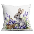Fodera per cuscino pasquale con coniglio acquerello e uova viola motivo lavanda - Coniglio Realistico e Cesto di Uova (CDR24-12)