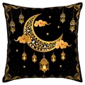 Detail of Ramadan cushion cover with golden moon, lanterns and stars on black linen - Crescent Star Style (CDR69-2)