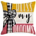 Fodera per cuscino tulipano giallo con fiocco a quadretti e scritta Bless My Blooms - Benedici I Miei Fiori Fiocco Gingham (DYM15(16)-2)