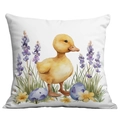 Federa cuscino pasquale con anatroccolo, lavanda e uova colorate su fondo bianco - Anatroccolo Pastorale e Lavanda (CDR24-16)