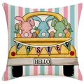 Easter pillow cover with yellow vintage truck, colorful bunnies, and striped background - Striped Bunny Truck / 45*45cm Single-sided Linen
