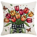 Federa quadrata con tulipani colorati e motivo a farfalla su tessuto di colore beige - Vaso Di Tulipani E Farfalla (DYM15(16)-4)