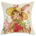 Detailed view of linen pillowcase with cute Easter bunny and strawberry illustration - Rabbit in Sun Hat with Strawberry Style (DYM66-26)