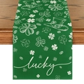 Detail of St. Patrick's Day table runner with lucky clover and hat on green fabric - Dark Green Irish Hat Style (ZQT11-25) / 33*183cm