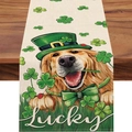Detail of St. Patrick's Day table runner with golden retriever and lucky clover print - Top Hat Golden Retriever (ZQT11-16) / 33*183cm