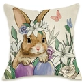Close-up of Easter rabbit and watercolor floral print on a linen textured pillow case - Rabbit Wreath Egg Lily Style (DYM66-33)