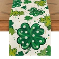 Detail view of St. Patrick's Day table runner with green clover patterns on linen fabric - Watercolor Shamrock Print (ZQT11-12) / 33*183cm