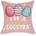 Detail of pink Easter cushion cover with Easter eggs and 'I'M A little EGGSTRA' text - Pink Base Three Eggs Eggstra Style (DYM66-20)