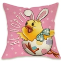 Detail of linen texture pillowcase featuring cartoon chicken in easter egg with BE HOPPY text - Hatching Chick Be Hoppy Style (DYM66-12)