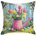 Happy Easter cushion cover featuring pink watering can with tulips and colorful eggs - Watering Can Floral Style (DYM80-3)