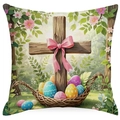 Easter decorative pillow case featuring a wooden cross with colorful eggs and garden scene - Cross with Easter Eggs (DYM80-2)