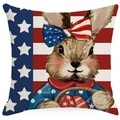 Linnen kussensloop voor Onafhankelijkheidsdag met een schattig konijn en Amerikaanse vlag - Konijn Met Mand (DYM86-1)