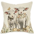 Detailed texture of linen pillowcase with Easter bunnies and floral illustration - Two Lambs Easter Style (DYM66-5)