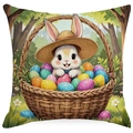 Detailed fabric texture of Easter pillow cover featuring bunny and colorful eggs art - White Rabbit with Eggs (DYM80-6) / 45x45cm (No Insert)