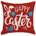 Rode Pasen kussensloop met witte Happy Easter konijnenoren en kleurrijke eierprints - Pasen Rode Achtergrond HAPPY (DYM86-4)