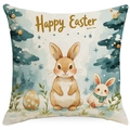 Detail of Happy Easter cushion cover showing watercolor rabbits and eggs on linen fabric - Cute Bunny with Conifers (DYM80-9) / 45x45cm (No Insert)