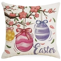 Housse de coussin en lin pour Pâques avec illustration d'œufs colorés et de fleurs - Style Œufs Suspendus Branche Fleurie (DYM82-2)