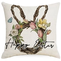 Quadratischer Kissenbezug aus Leinen mit Happy Easter Hasen-Blumenkranz-Druck - Ostern Kranz Hase Stil (DYM89-1) / 45x45cm